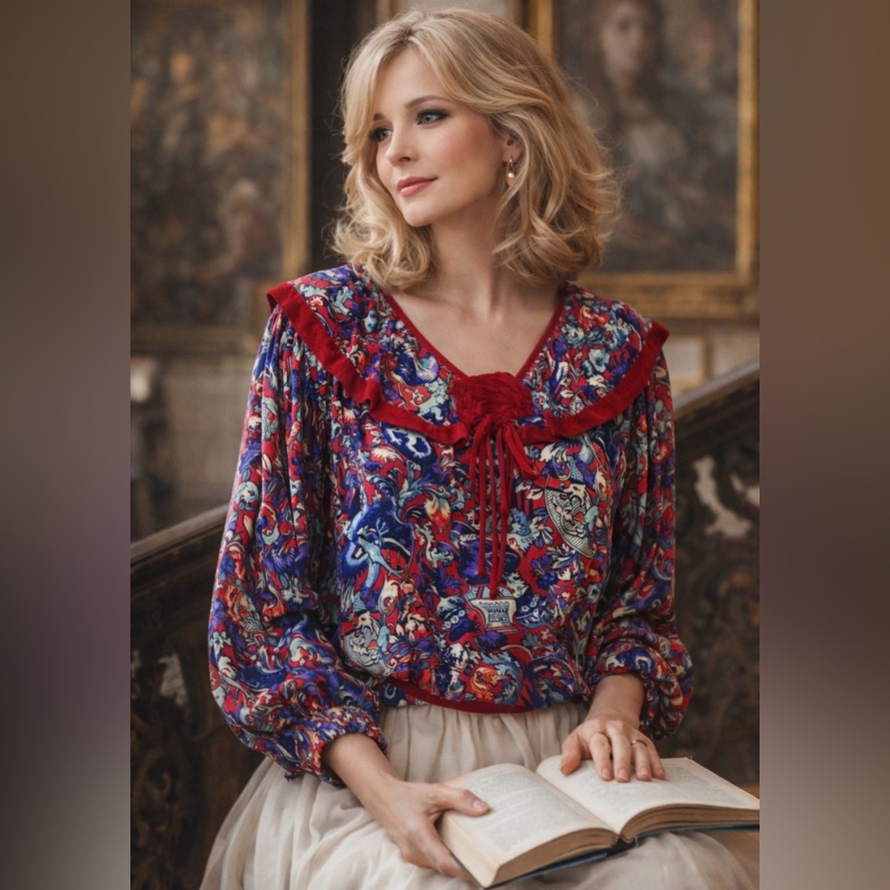 *Vintage 80’s - blouse/top - castle print - big collar-blousy sleeves